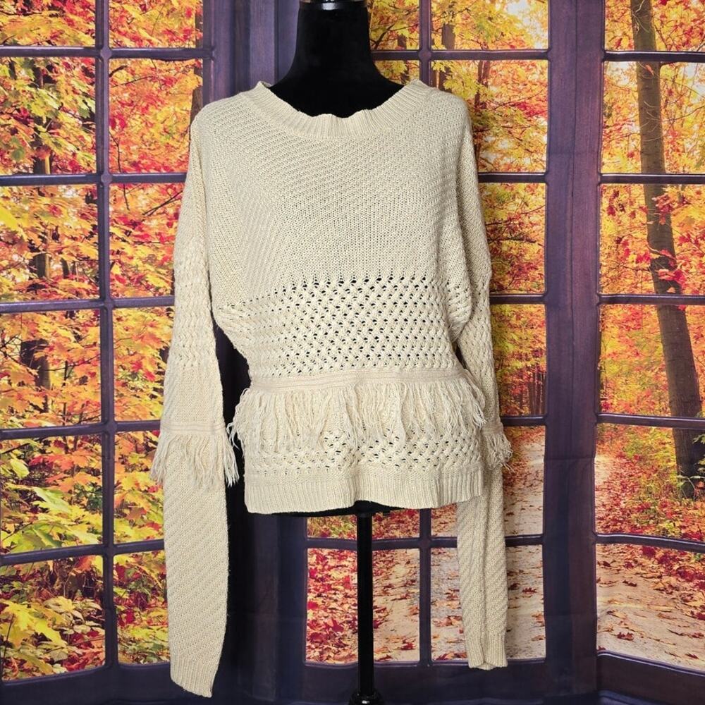 Jack by BB Dakota Women’s S Beige Fringe Open Knit Crochet Sweater Boho